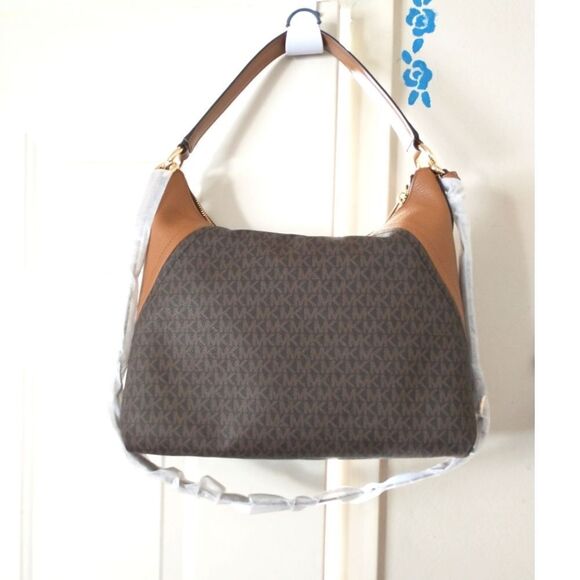 New! MICHAEL KORS MK Signature Logo Aria Large Shoulder Bag Crossbody Bag Brown - Picture 8 of 8